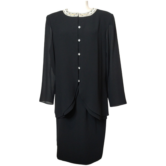VTG Julian Wilder 2 Pc Black Skirt Suit Women's 10 Beaded Collar Crystal Button - Picture 1 of 13